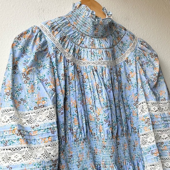 HUNTER BELL Blue Lace Smocked Neck Ryan Dress Ditsy Floral Sz XS - Picture 6 of 16